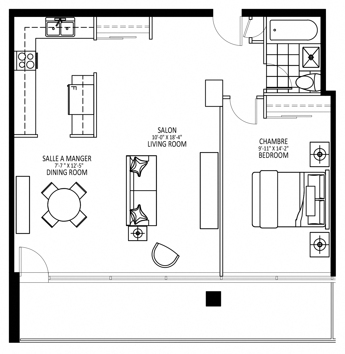 Floor plan for 1 bed, 1 bath, 720 sqft